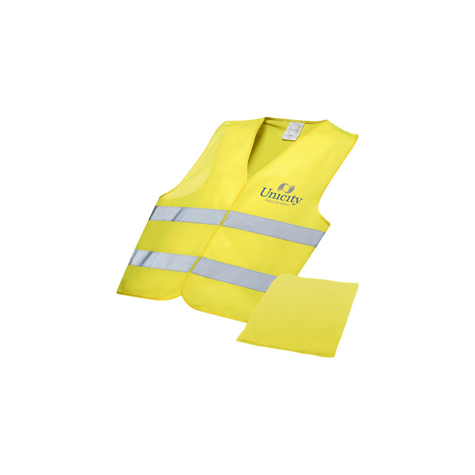 Gilet publicitaire de sécurité jaune avec étui express