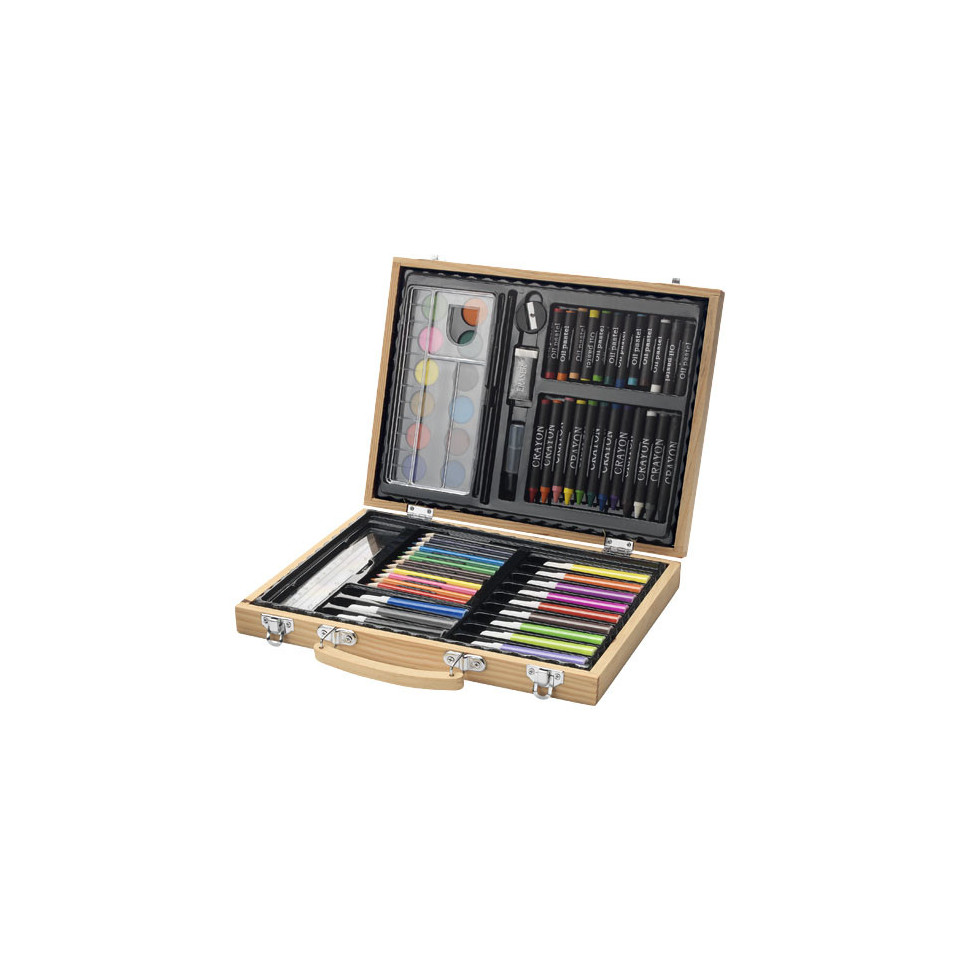 Boite publicitaire de 67 crayons, feutres et peinture express