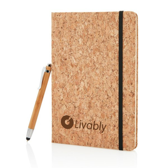 Carnet publicitaire de notes en liège avec stylo en bambou