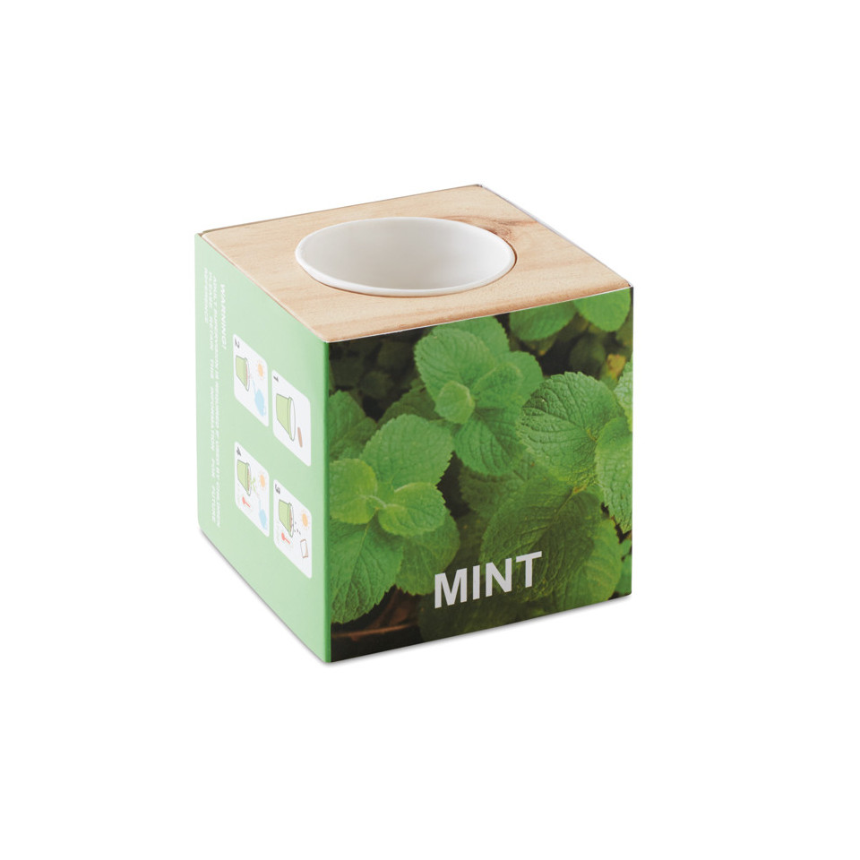 Pot en bois personnalisé avec graines de menthe Menta