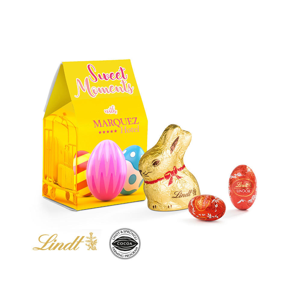 Boîte de Pâques publicitaire personnalisée avec lapin et œufs Lindt