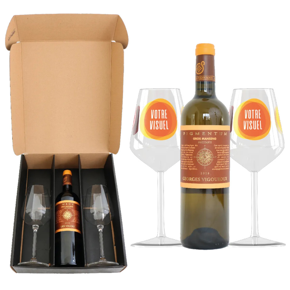 Coffret vin Moelleux Gascogne Pigmentum et verres à vin en verre personnalisés express