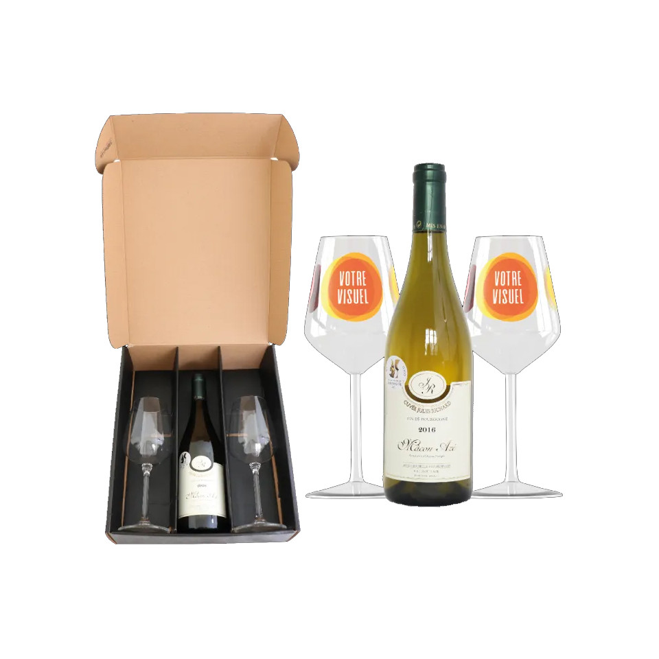 Coffret vin Mâcon 2016 et verres à vin en verre personnalisés express