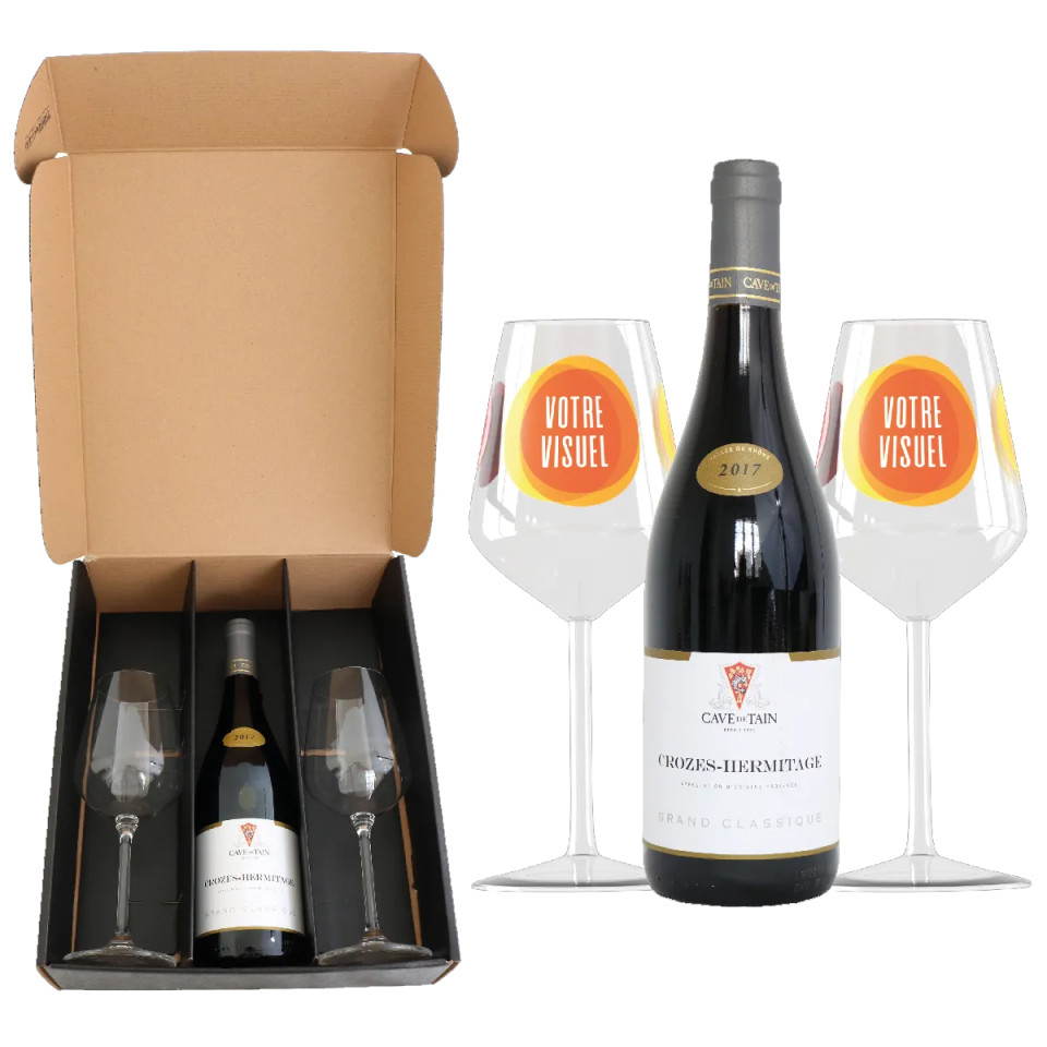 Coffret vin Crozes-Hermitage et verres à vin en verre personnalisés express