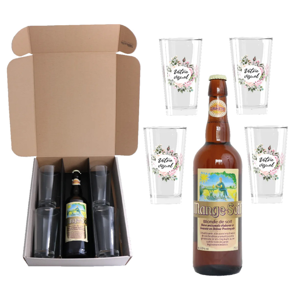 Coffret bière Mange-Soif et verres à bière en verre personnalisés express