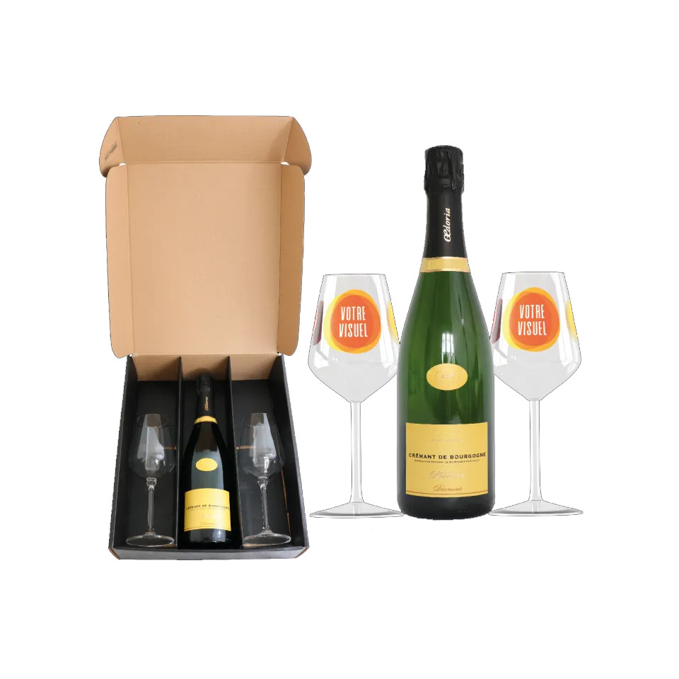 Coffret Crémant de Bourgogne et verres flûte en verre personnalisés express