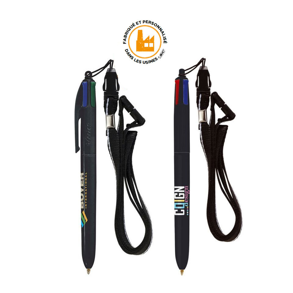 Stylo BIC personnalisable 4 couleurs Black avec lanyard