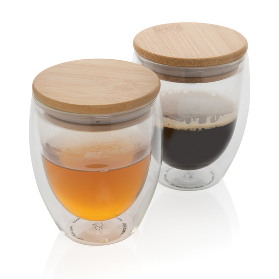 Set publicitaire de 2 verres double paroi 250ml avec couvercle en bambou