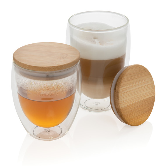 Set publicitaire de 2 verres double paroi 250ml avec couvercle en bambou