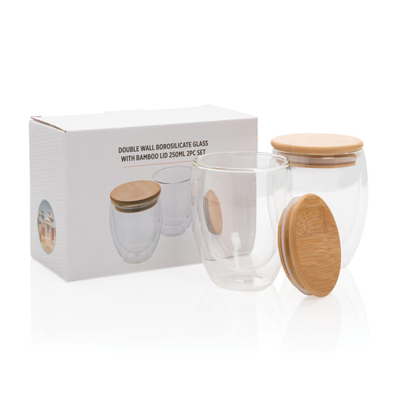 Set publicitaire de 2 verres double paroi 250ml avec couvercle en bambou