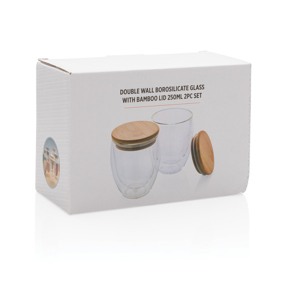 Set publicitaire de 2 verres double paroi 250ml avec couvercle en bambou