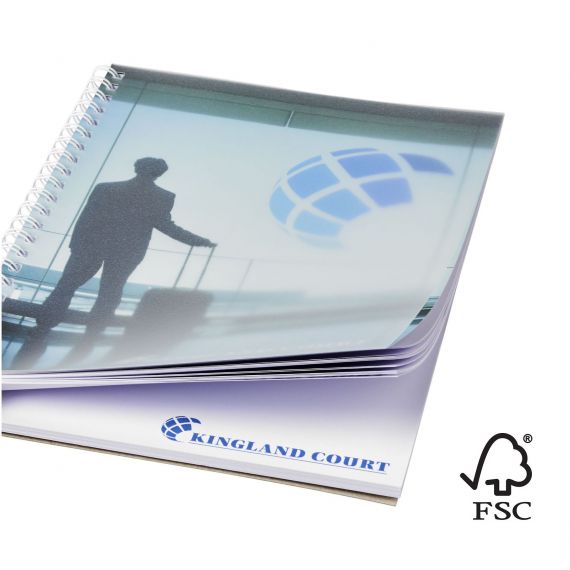 Cahier publicitaire Desk-Mate® FSC à spirale A5 avec couverture PP Made in Europe