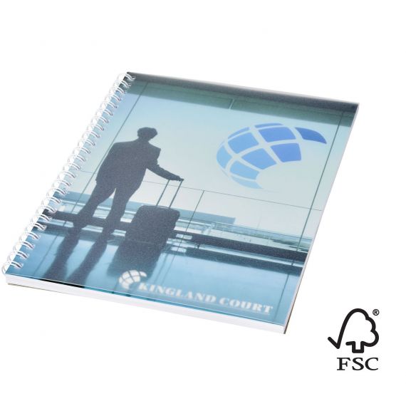 Cahier publicitaire Desk-Mate® FSC à spirale A5 avec couverture PP Made in Europe