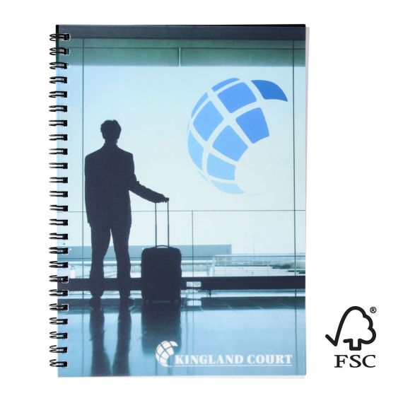 Cahier publicitaire Desk-Mate® FSC à spirale A5 avec couverture PP Made in Europe