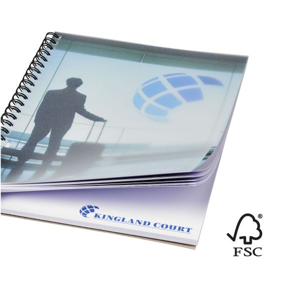 Cahier publicitaire Desk-Mate® FSC à spirale A5 avec couverture PP Made in Europe