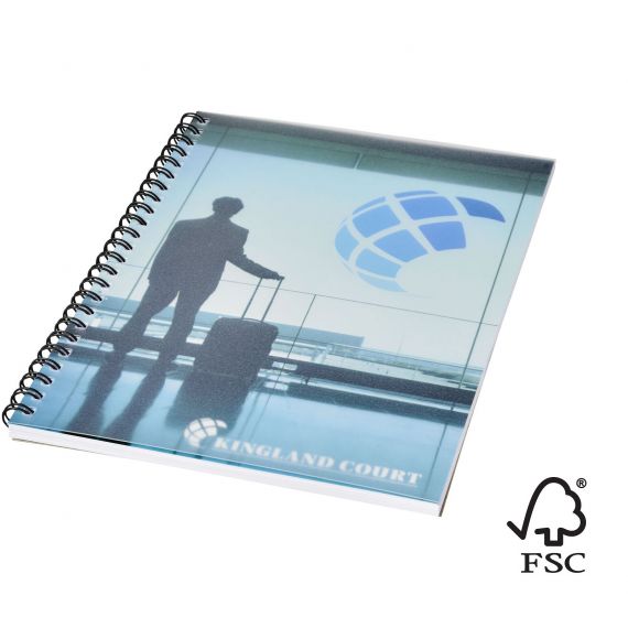 Cahier publicitaire Desk-Mate® FSC à spirale A5 avec couverture PP Made in Europe