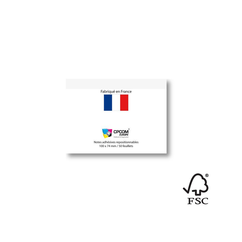 Bloc post-it repositionnables publicitaires France 100 x 74 mm 50 feuilles FSC