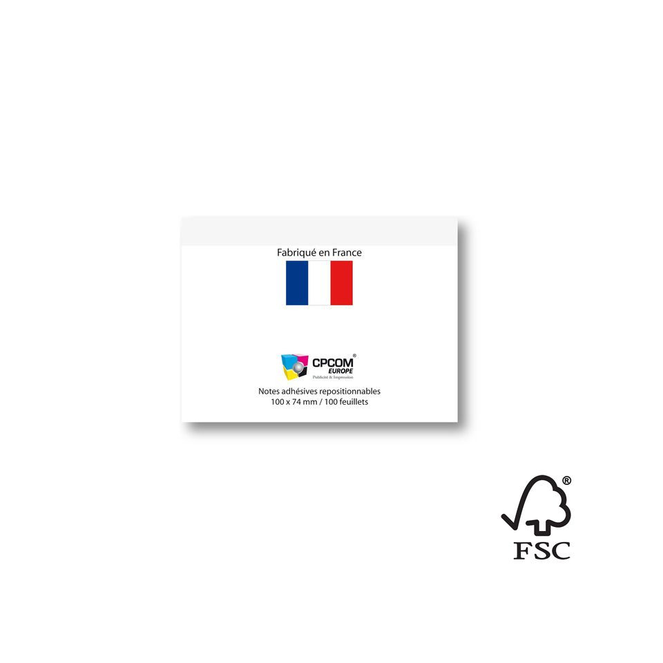 Bloc post-it repositionnables publicitaires France 100 x 74 mm 100 feuilles FSC