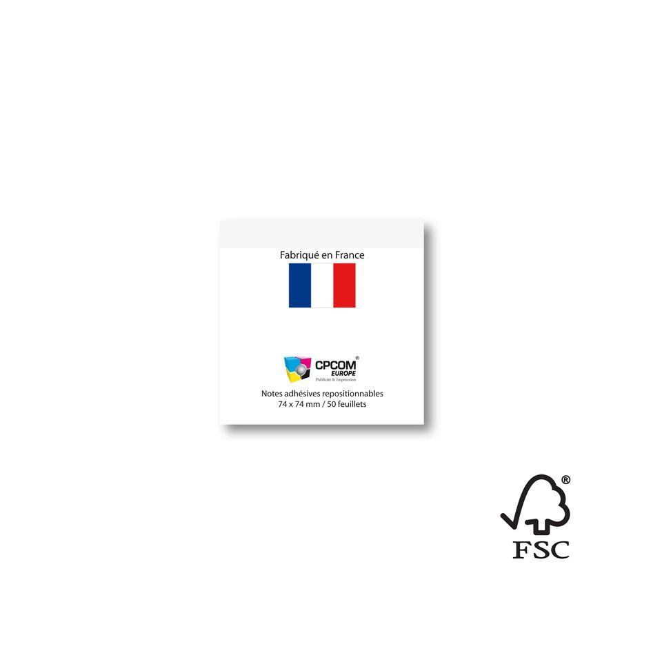 Bloc post-it repositionnables publicitaires France 74 x 74 mm 50 feuilles FSC