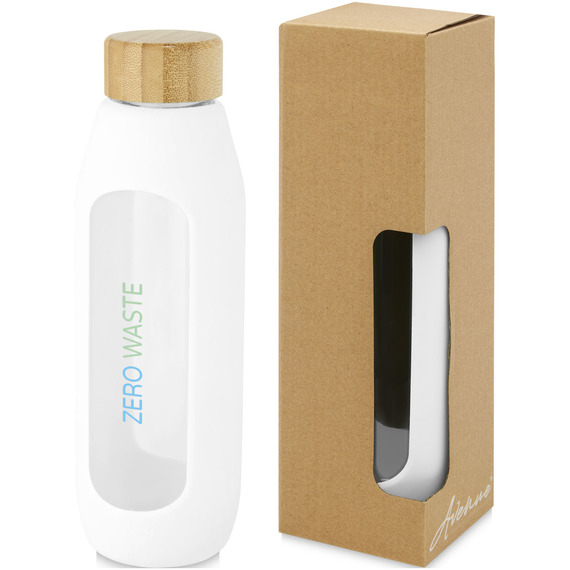 Bouteille publicitaire Tidan de 600 ml en verre borosilicate avec grip en silicone