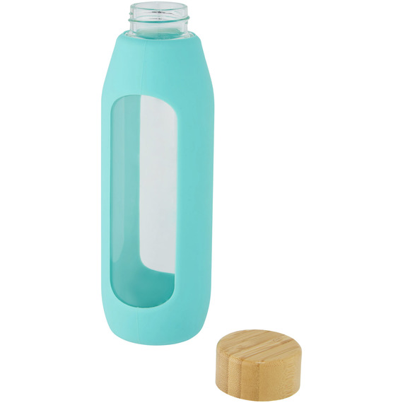 Bouteille publicitaire Tidan de 600 ml en verre borosilicate avec grip en silicone