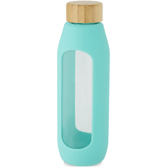 Bouteille publicitaire Tidan de 600 ml en verre borosilicate avec grip en silicone