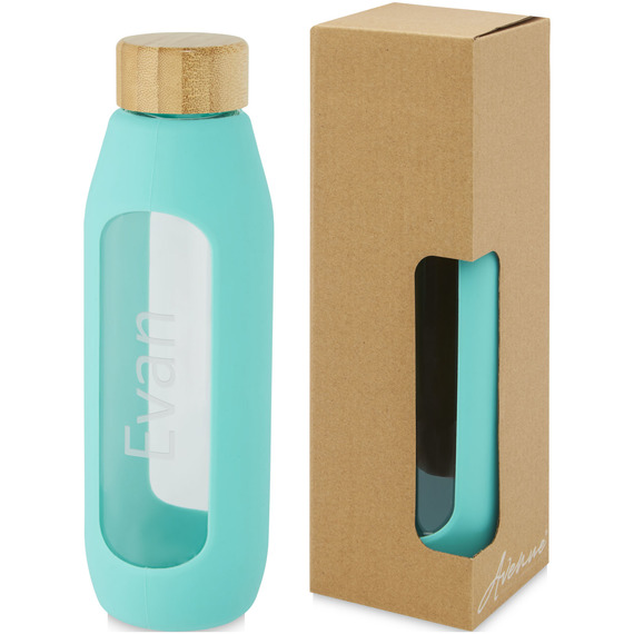 Bouteille publicitaire Tidan de 600 ml en verre borosilicate avec grip en silicone