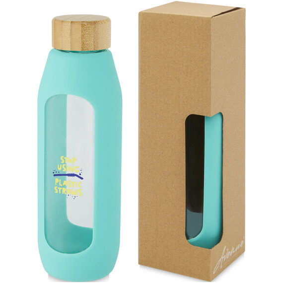 Bouteille publicitaire Tidan de 600 ml en verre borosilicate avec grip en silicone