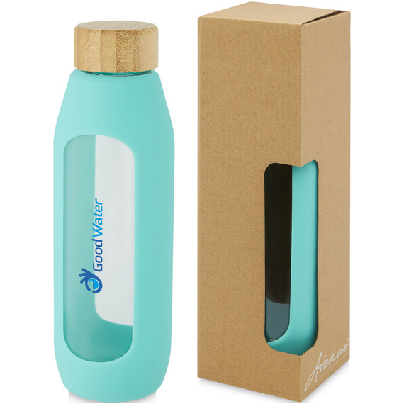 Bouteille publicitaire Tidan de 600 ml en verre borosilicate avec grip en silicone