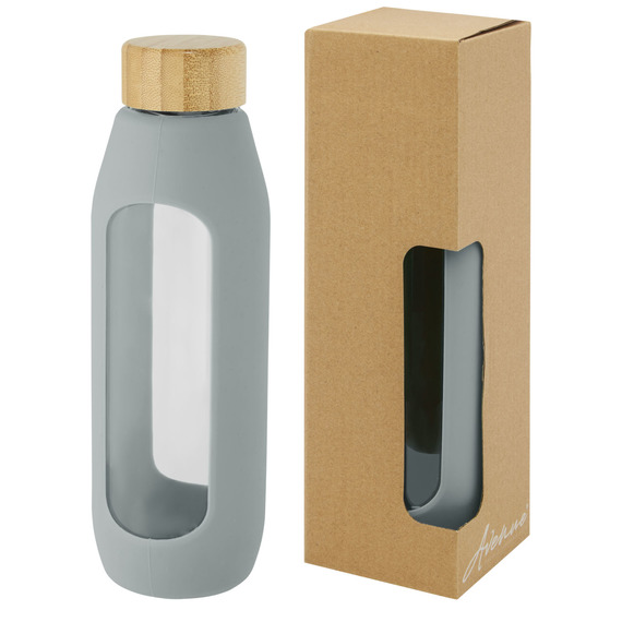 Bouteille publicitaire Tidan de 600 ml en verre borosilicate avec grip en silicone