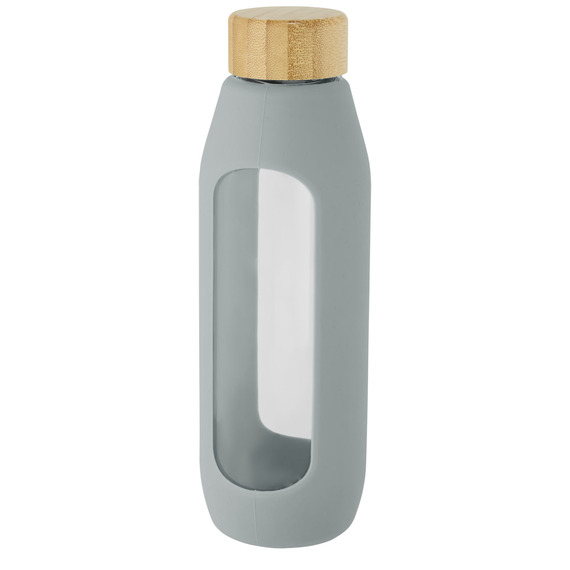 Bouteille publicitaire Tidan de 600 ml en verre borosilicate avec grip en silicone