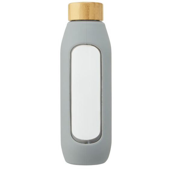 Bouteille publicitaire Tidan de 600 ml en verre borosilicate avec grip en silicone