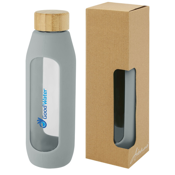 Bouteille publicitaire Tidan de 600 ml en verre borosilicate avec grip en silicone