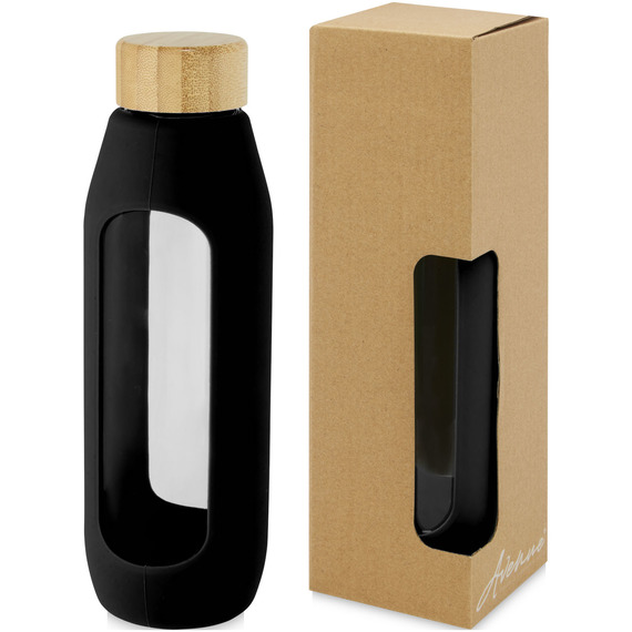 Bouteille publicitaire Tidan de 600 ml en verre borosilicate avec grip en silicone