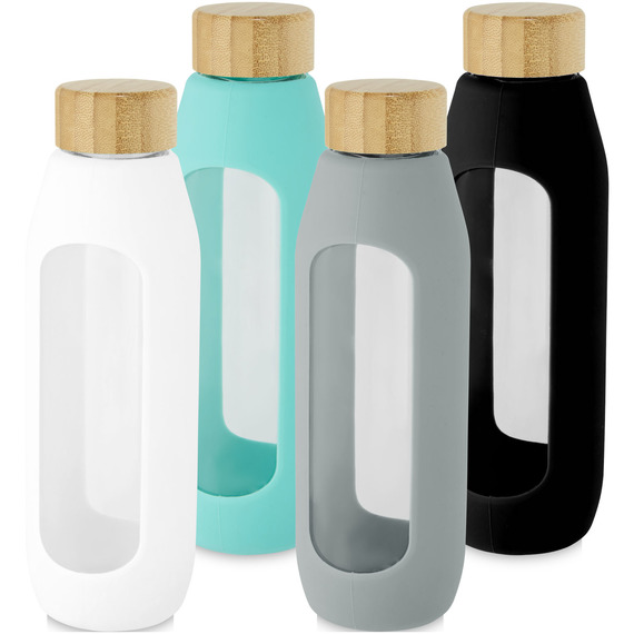 Bouteille publicitaire Tidan de 600 ml en verre borosilicate avec grip en silicone