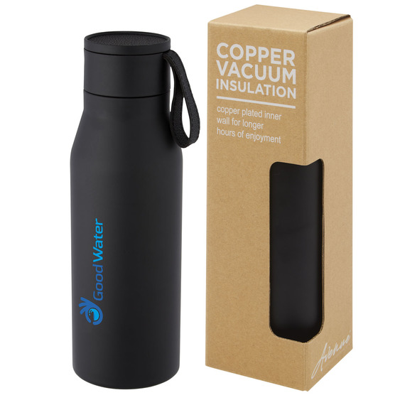 Bouteille publicitaire Ljungan de 500 ml en acier inoxydable avec cuivre et isolation par le vide, avec dragonne et couver