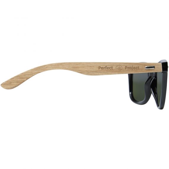 Lunettes publicitaires de soleil polarisées miroir Hiru en rPET/bois dans coffret cadeau