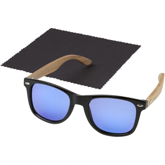 Lunettes publicitaires de soleil polarisées miroir Hiru en rPET/bois dans coffret cadeau