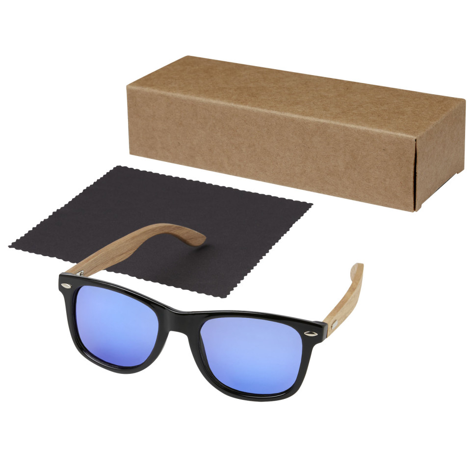 Lunettes publicitaires de soleil polarisées miroir Hiru en rPET/bois dans coffret cadeau