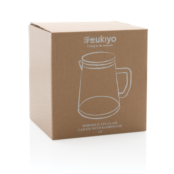 Carafe publicitaire d'eau 1,2L en verre avec couvercle en bambou Ukiyo