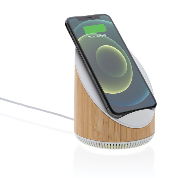 Enceinte publicitaire 5W en bamboo avec chargeur sans fil 15W Ovate