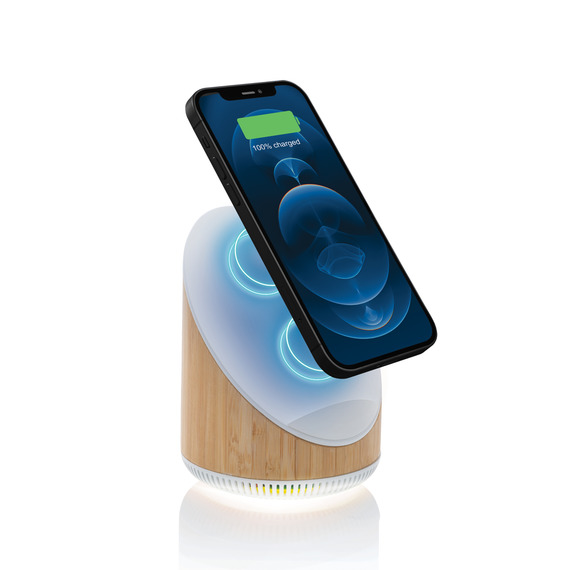 Enceinte publicitaire 5W en bamboo avec chargeur sans fil 15W Ovate