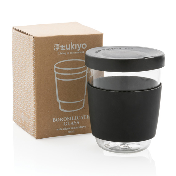 Verre publicitaire 360ml avec couvercle et manchon en silicone Ukiyo