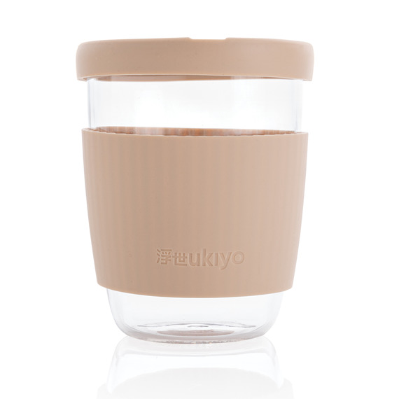 Verre publicitaire 360ml avec couvercle et manchon en silicone Ukiyo