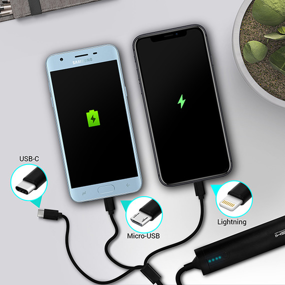 Câble publicitaire 3 en 1 avec Batterie Intégrée, Connectique Lightning Apple, USB-C, Micro-USB, 2600 mAh