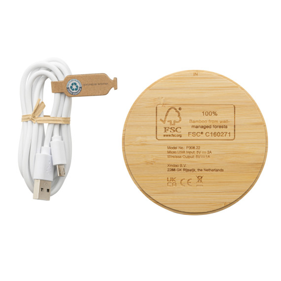 Chargeur publicitaire sans fil 5W rond en bambou FSC®