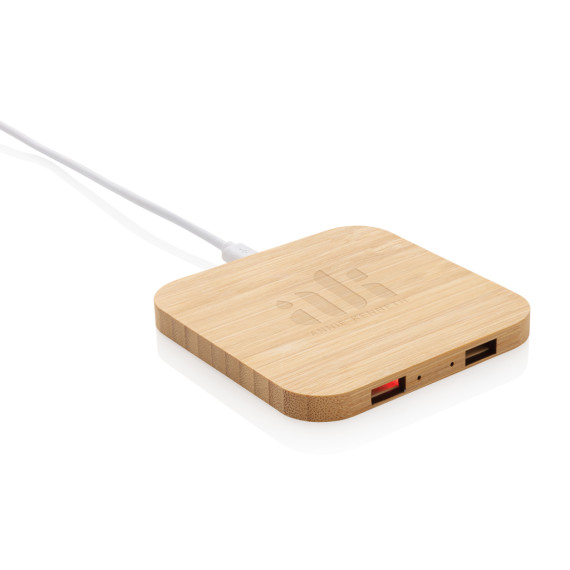 Chargeur publicitaire sans fil 10W et avec ports USB en bambou FSC®