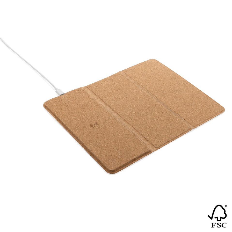 Tapis publicitaire de souris avec chargeur sans fil 10W en liège FSC® recyclé