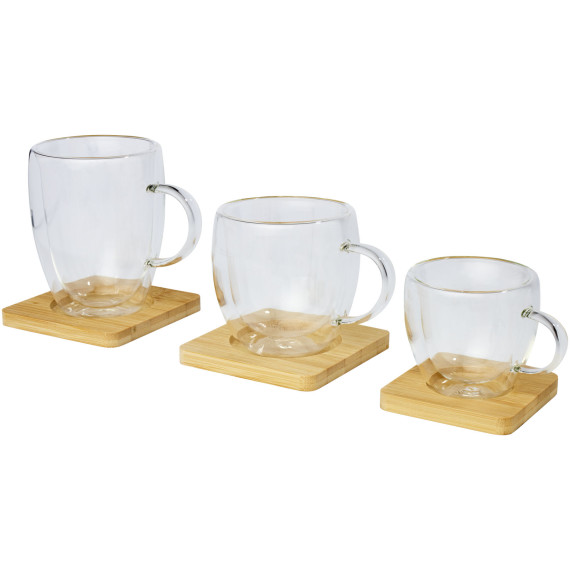 Tasse publicitaire Manti 2 pièces en verre à double paroi de 250 ml avec sous-verre en bambou