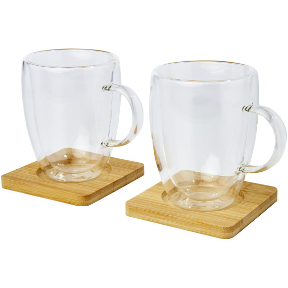 Tasse publicitaire 2 pièces Manti de 350 ml à double paroi en verre avec sous-verre en bambou